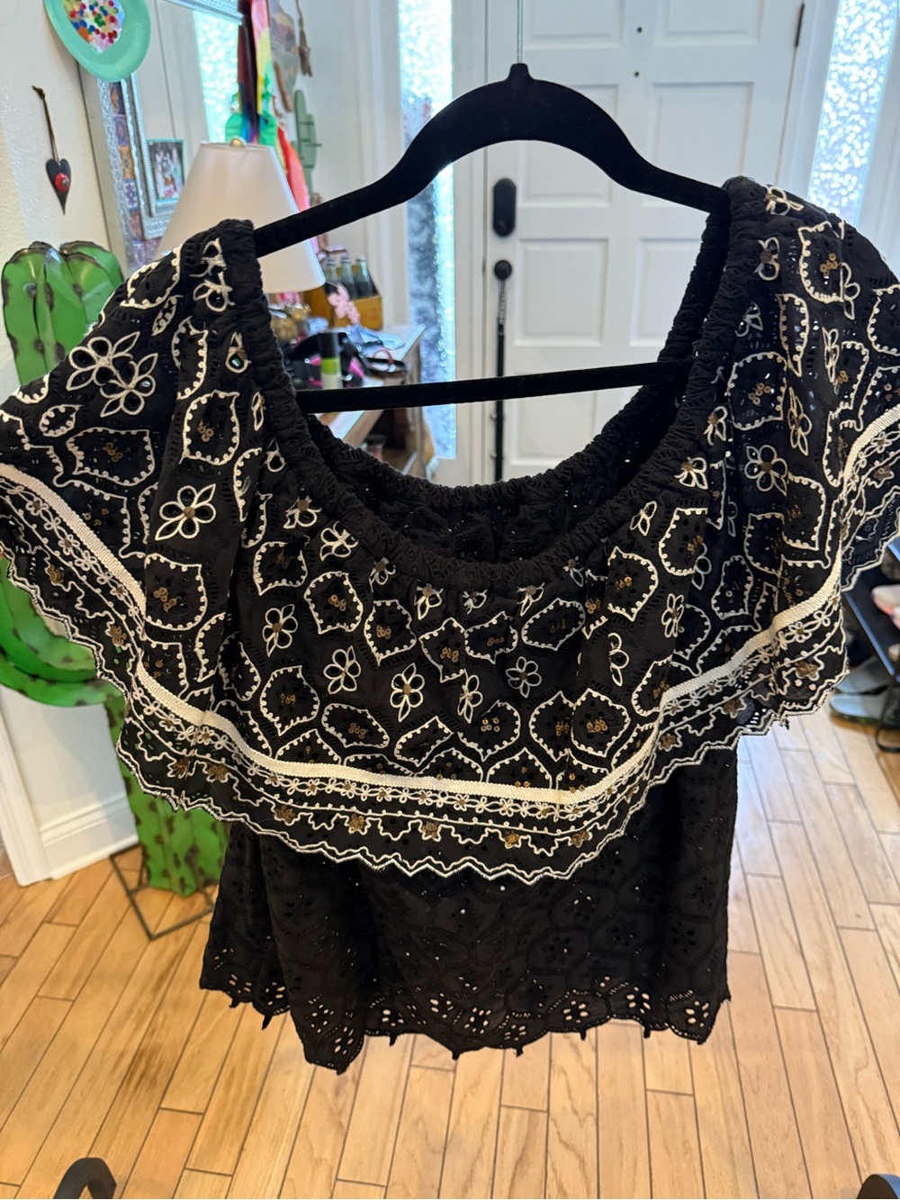 Anthro Off-Shoulder Black Embroidered Ruffle Top - Picture 3 of 5